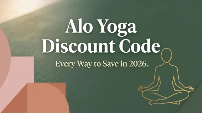 Alo Yoga discount code guide 2026 hero banner with yoga silhouette on sage green background