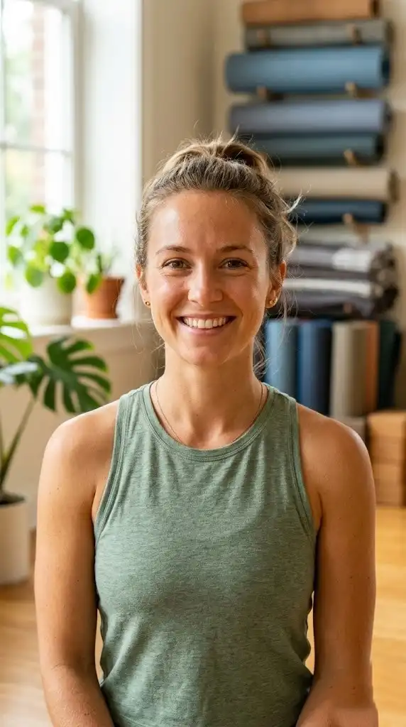 Ariana Wells, yoga instructor and writer at Yogalith.com, smiling in a studio setting