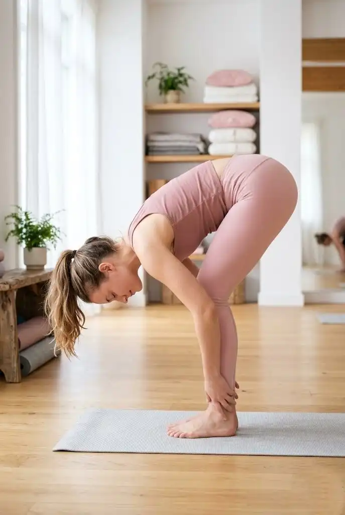 Beginner woman practicing standing yoga pose in a light-filled studio