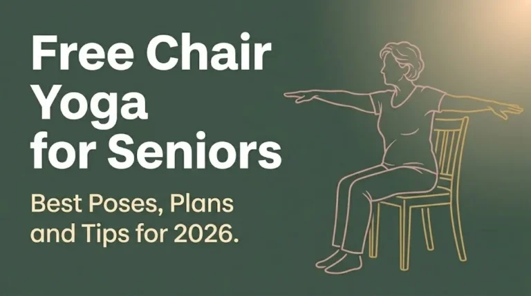 Free chair yoga for seniors illustrated guide banner showing seated twist silhouette on sage green background