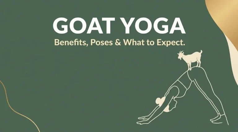 Goat yoga hero banner showing yoga silhouette with goat, text reading Goat Yoga Benefits Poses and What to Expect