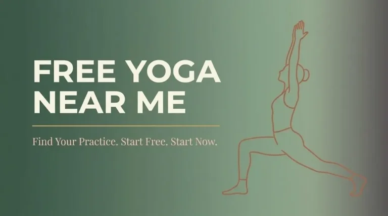 Hero banner reading FREE YOGA NEAR ME with a Warrior I pose silhouette on sage green background for yogalith.com