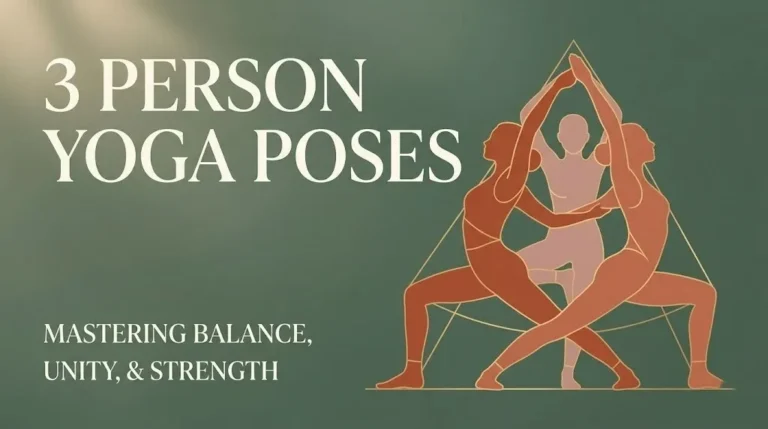 Illustrated silhouettes performing 3 person yoga poses with bold title text on a sage green background