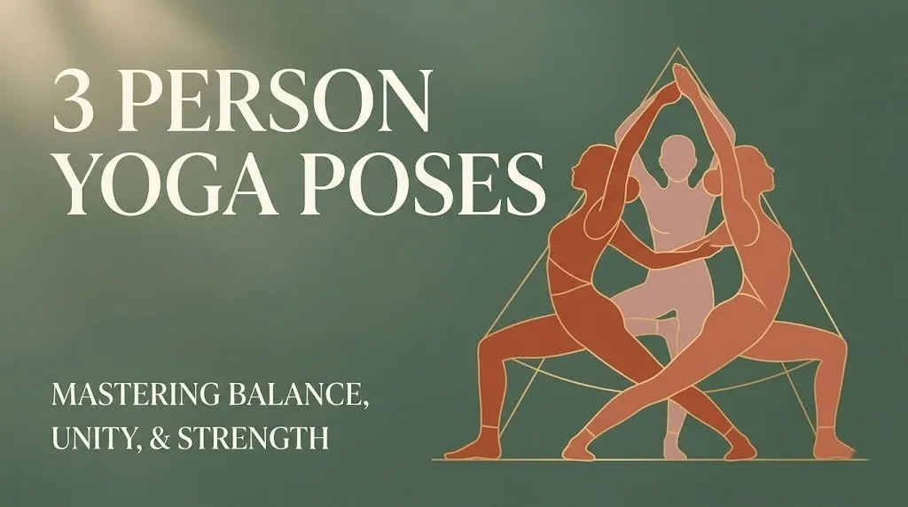 Illustrated silhouettes performing 3 person yoga poses with bold title text on a sage green background