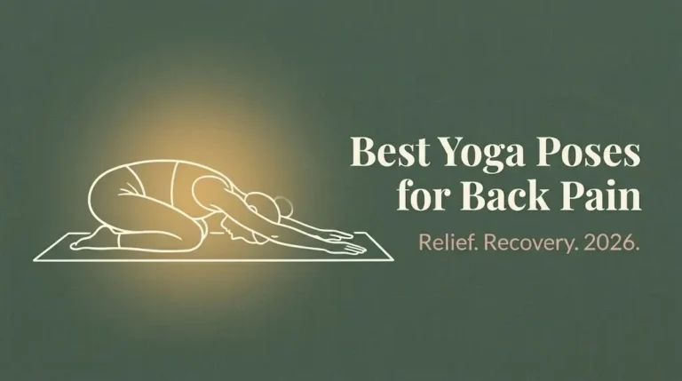 Illustrated yoga silhouette in Child's Pose on sage green background with headline Best Yoga Poses for Back Pain