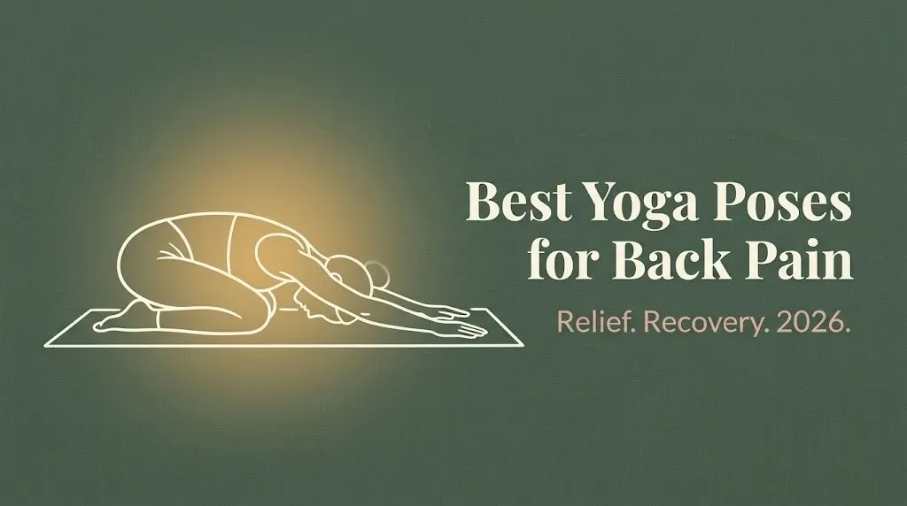 Illustrated yoga silhouette in Child's Pose on sage green background with headline Best Yoga Poses for Back Pain