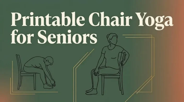 Printable chair yoga for seniors guide banner showing seated yoga pose silhouettes on a sage green background