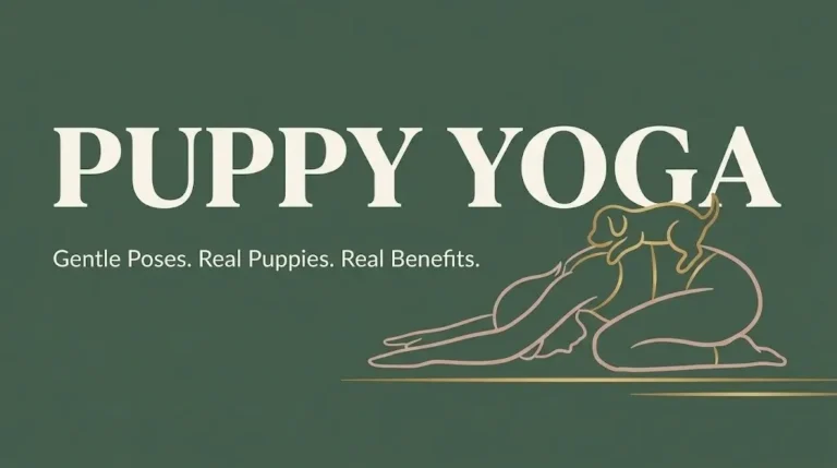 Puppy yoga hero banner with sage green background, cream text headline, and line art silhouette of yoga pose with puppy