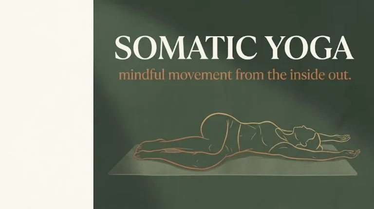 Somatic yoga hero banner with illustrated silhouette in supine twist pose and bold title text on sage green background