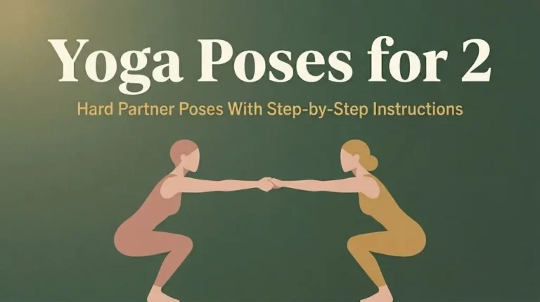 Two silhouettes doing yoga poses for 2, counterbalance partner pose, sage green hero banner with bold title text