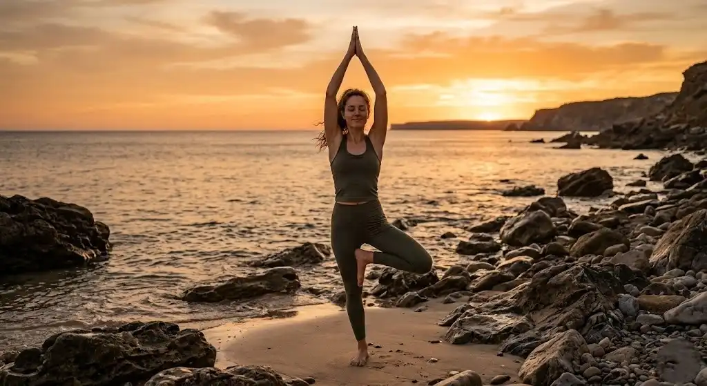 Woman in tree pose on a beach at golden sunset, peaceful yoga practice outdoors